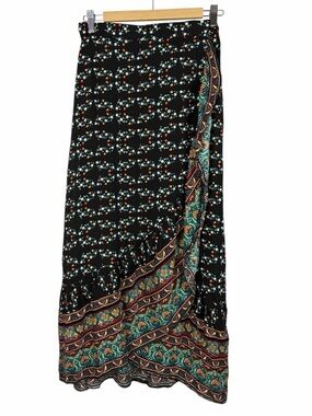 Suzanne Betro NWT Wrap Midi Skirt Boho Border Print Ruffle Hem Size Medium